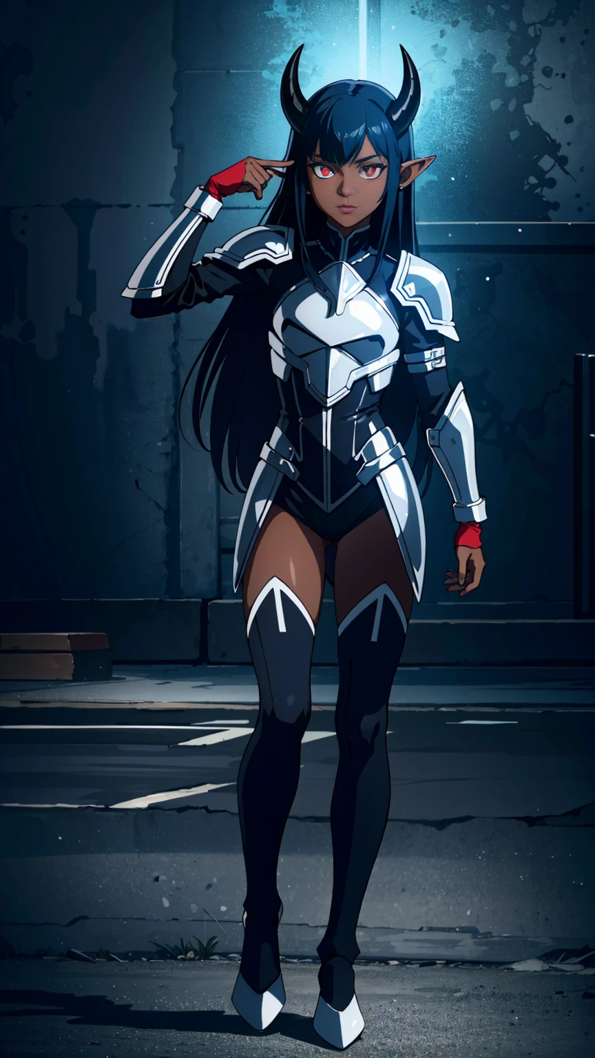 ((full body photo, standing, feet on the ground)) (demon, demon princess, gyaru face:1.1, dark skin, full body, standing, pointed ears, small horns, armor), (best quality, 4k, ultra-detailed, realistic:1.37), dark atmosphere, dark skin, vibrant colors, glowing eyes, flowing hair, mesmerizing gaze, dynamic pose, intricate details, mystical background, haunting beauty