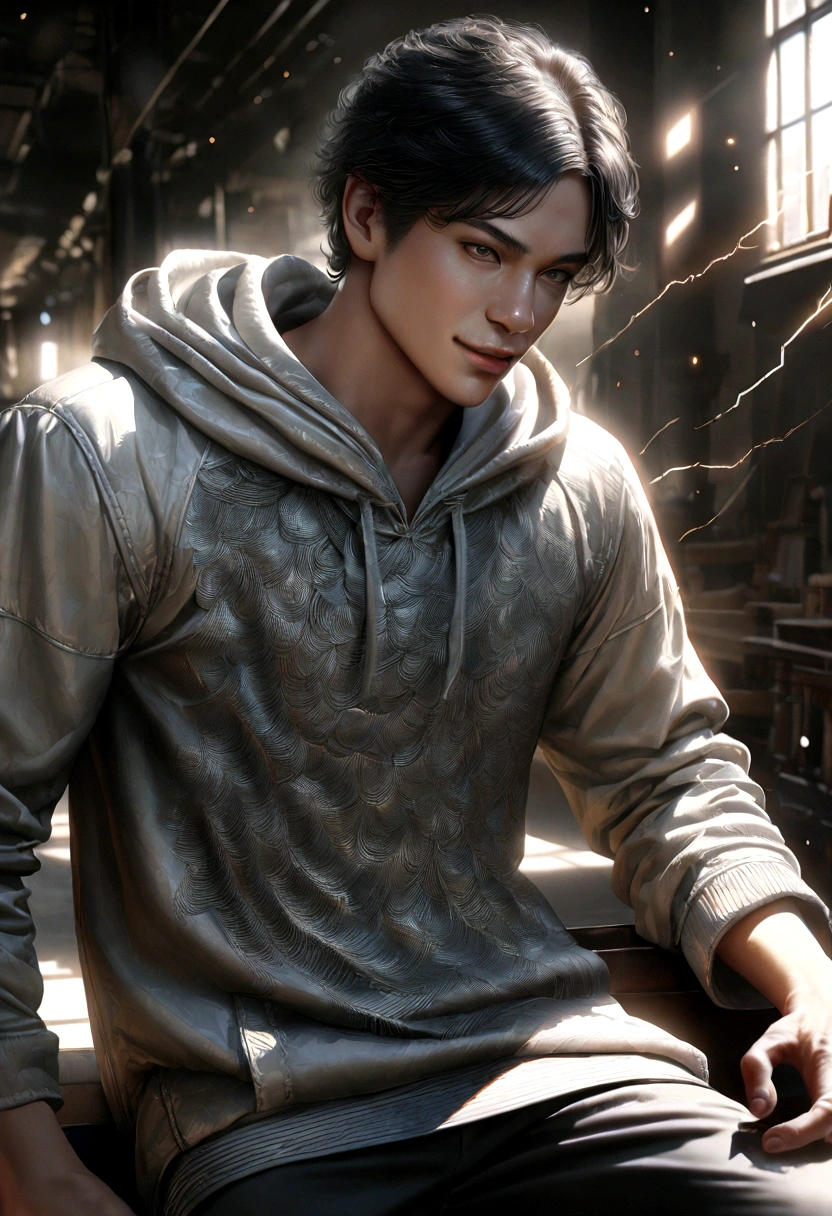 a young man with long black hair, wearing a black and white hoodie, electricity sparking all over his body, with a maniacal smile, highly detailed, ultra-realistic, 8k, hyperdetailed, photorealistic, cinematic lighting, dramatic shadows, intricate fabric details, mesmerizing expression, powerful presence