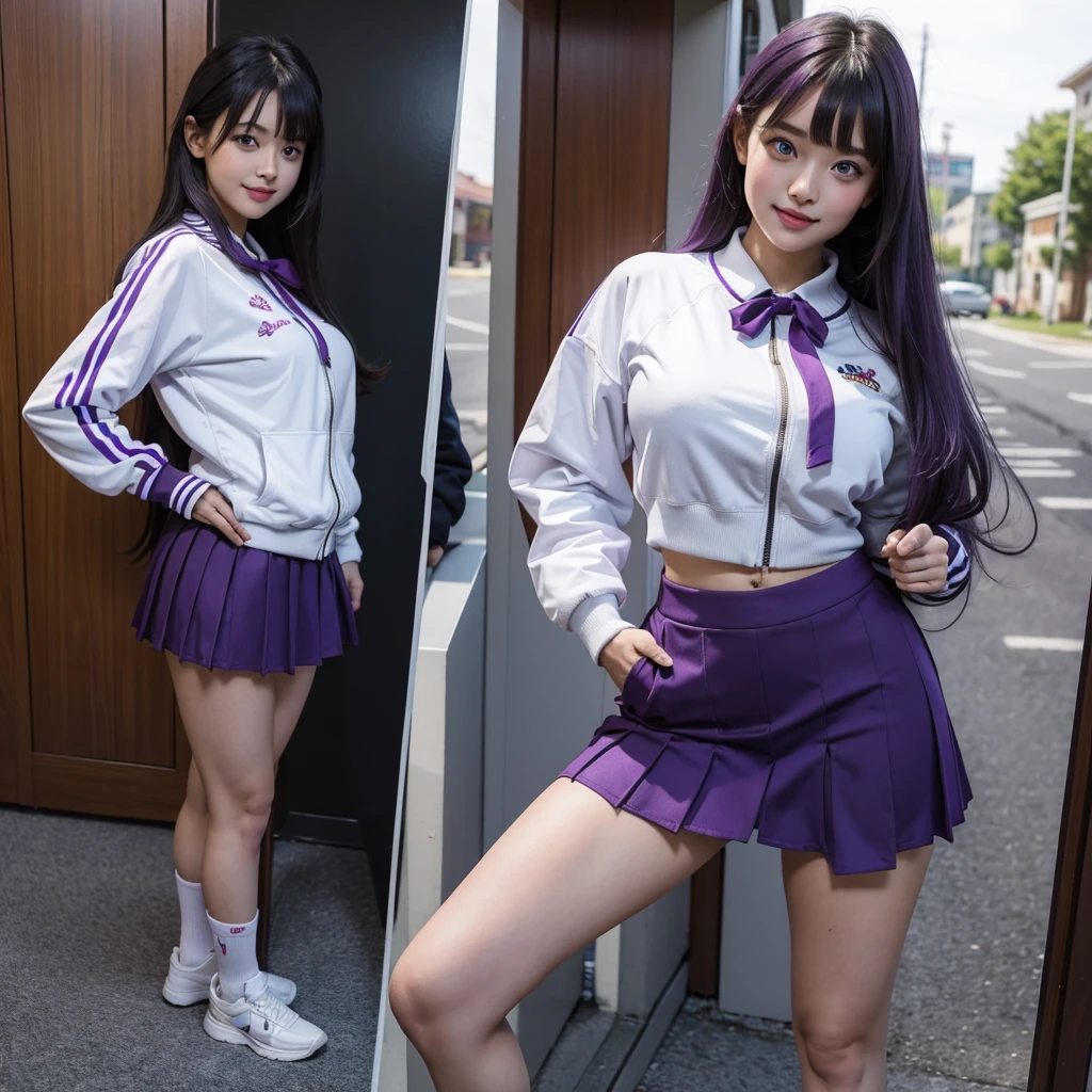 Best Quality，，smile，Ribbon on uniform，mini skirt，high school girl，Several girls are depicted，Harem，Track jacket，photo shoot，Long Hair，Highest quality，Big Breasts，Happy girl,Horny girl，blue eyes，Perfect Face，Standing posture，I have my hands in my pockets，Gravure idol,model,She has her bangs down,Smooth hair，Purple Hair，Hyper Realistic Stick,Naughty Girls，Beautiful girls，beautiful girl，loose socks