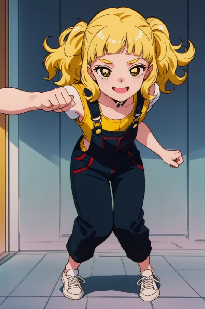 ((Anime Screen Capture:1.3))、Highest quality、masterpiece、((She is alone:1.3))、((1 Girl:1.3))、((She has curly hair:1.5))、((Perm:1.3))、((Her mouth is big、White teeth are visible:1.5))、((Your teeth are so beautiful:1.5))、(((She has her bangs down:1.8)))、(((Her bangs are straight:1.8)))、(((Yellow Hair:1.8)))、((black eye:1.8))、Detailed face、((She is wearing overalls over a white T-shirt、Smiling in overalls:1.5))、((Outside Japan))、((whole body:1.8))、((Gal))、((White sneakers))、((Reflexes))、((Fighting Pose))、((Preparing for battle))