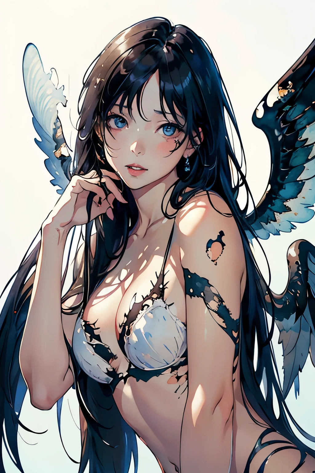 (Highest quality、High resolution、masterpiece)、(Realistic)、1 person、Angel with Broken Wings、(Tattered Wings:1.4)、Sexy and cute、Tired look、Beautiful Face、 (Exquisite beautiful eyes)、(length)、Black Hair、 Beautiful Hair、Shiny Hair、Skin Texture、Moisturized Skin、Cinema Lighting、Realistic lighting、Backlight、Ray Tracing、(White Background)、(No background)、(Watercolor of singer Sargent)、