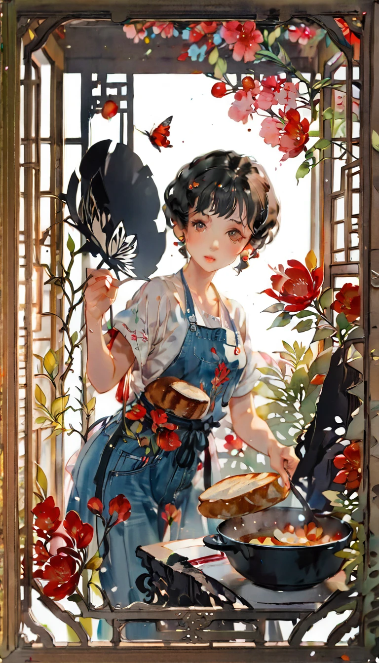 (((paper cutting style))), (frame of illustration is 3D paper cutting: 1.2), (denim and shirts), (black short hair), (random angle), (random pose), 1 girl, cooking bread