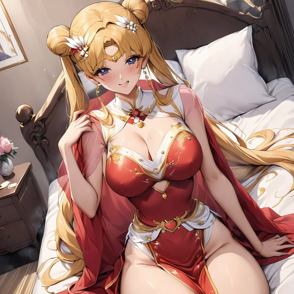 ((Highest quality)), ((masterpiece)), (detailed), (Perfect Face)、The woman is wearing a gorgeous, glittering, long-slit, red see-through Chinese dress with gold embroidery, a red veil and a red see-through cape, a gorgeous hair ornament, and gorgeous jeweled accessories.、The woman is the elegant Tsukino Usagi, with long blonde hair in a chignon twin tail.、A woman is having sex with a man dressed in Hanfu on a luxurious bed.