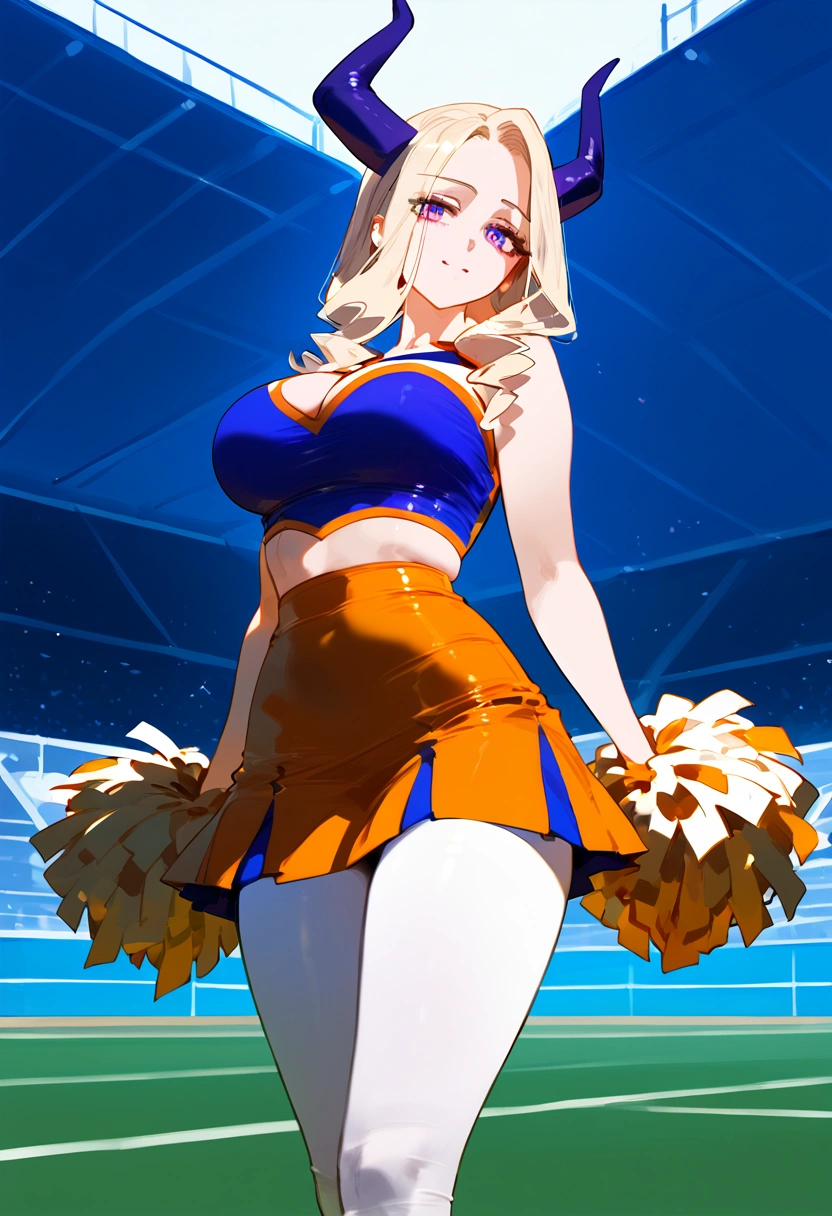 anime artwork, score_9, score_8_up, score_7_up, score_6_up, score_5_up, score_4_up, Mount Lady, blonde hair, purple eyes, big breasts, she is 24 years old, style_3, ,,, , , , , _, standing, cheerleader, skirt. underboob, u.a. cheerleader uniform, orange top, orange skirt, below view, visible panties