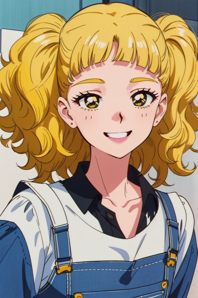 ((Anime Screen Capture:1.3))、Highest quality、masterpiece、((She is alone:1.3))、((1 Girl:1.3))、((She has curly hair:1.5))、((Perm:1.3))、((Her mouth is big、White teeth are visible:1.********ur teeth are so beautiful:1.5))、(((She has her bangs down:1.8)))、(((Her bangs are straight:1.8)))、(((Yellow Hair:1.8)))、((black eye:1.8))、Detailed face、((She is wearing overalls over a white T-shirt、Smiling in overalls:1.5))、((Outside Japan))、((whole body:1.8))、((Gal))、((White sneakers))、((Reflexes))