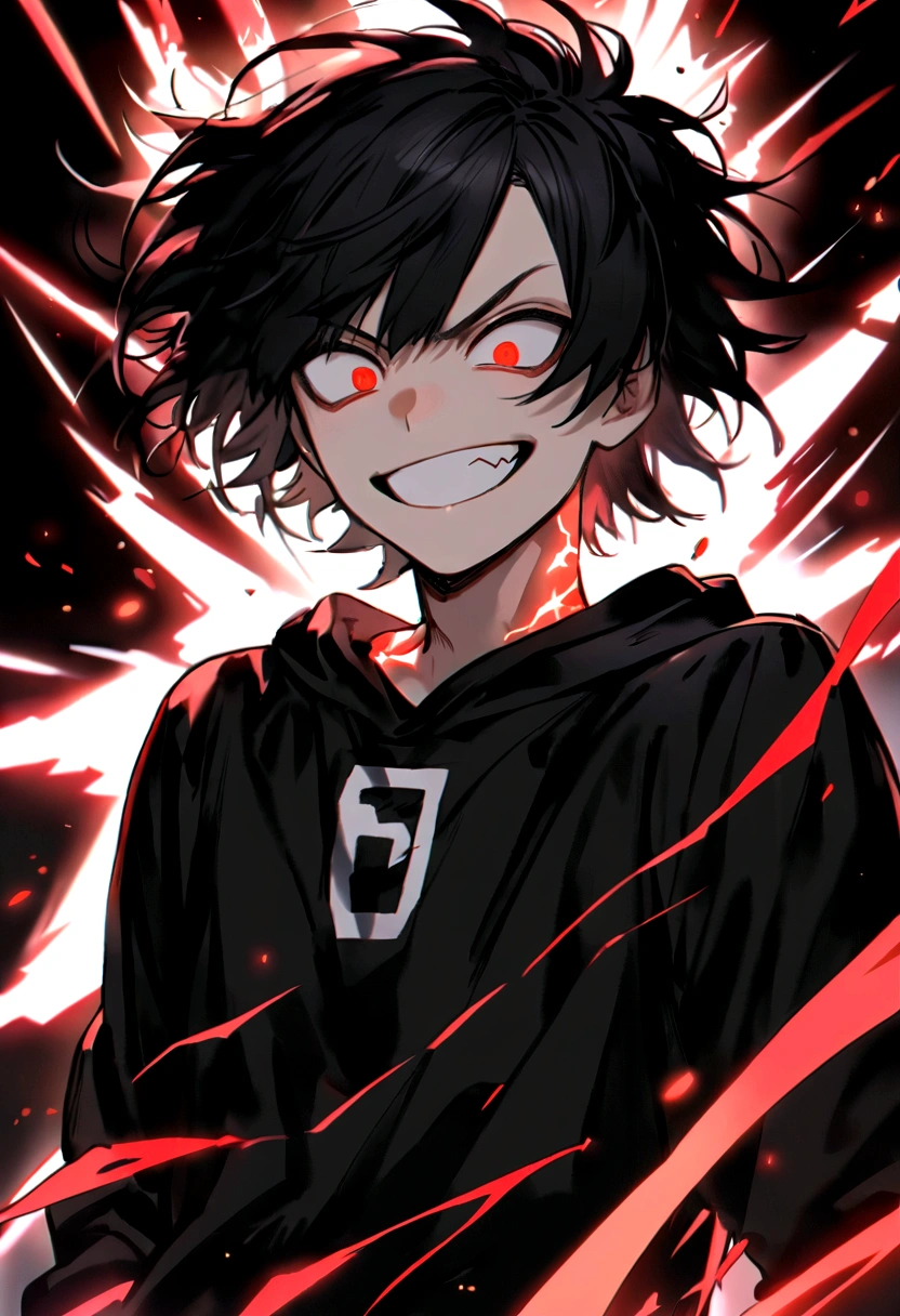 Man 17 years old Long black hair black and white sweatshirt with red electricity on his body with a manic smile