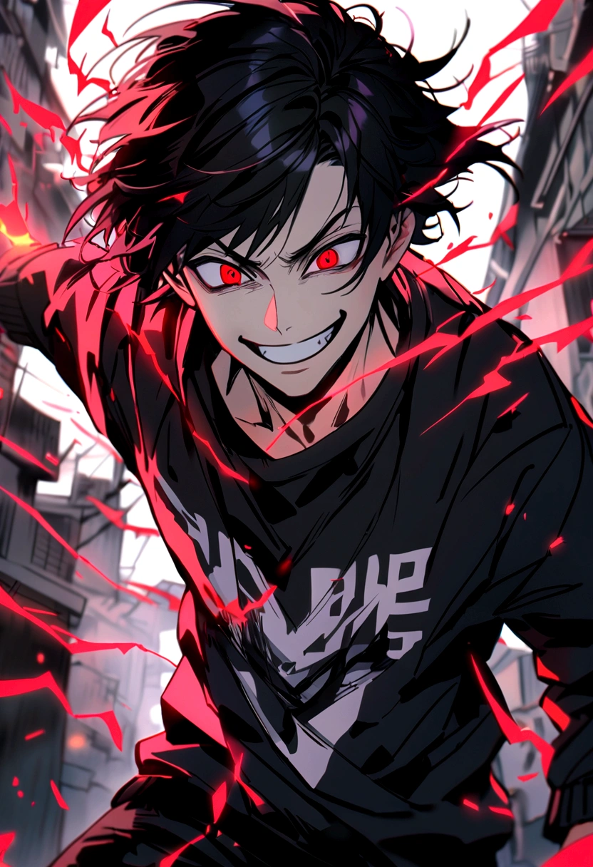 Man Long black hair black and white sweatshirt with red electricity on his body with a manic smile
