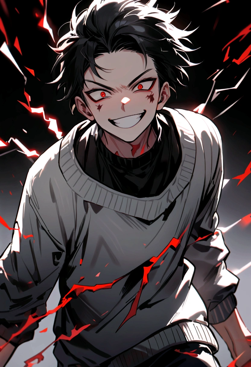 Man 17 years old Long black hair black and white sweatshirt with red electricity on his body with a manic smile
