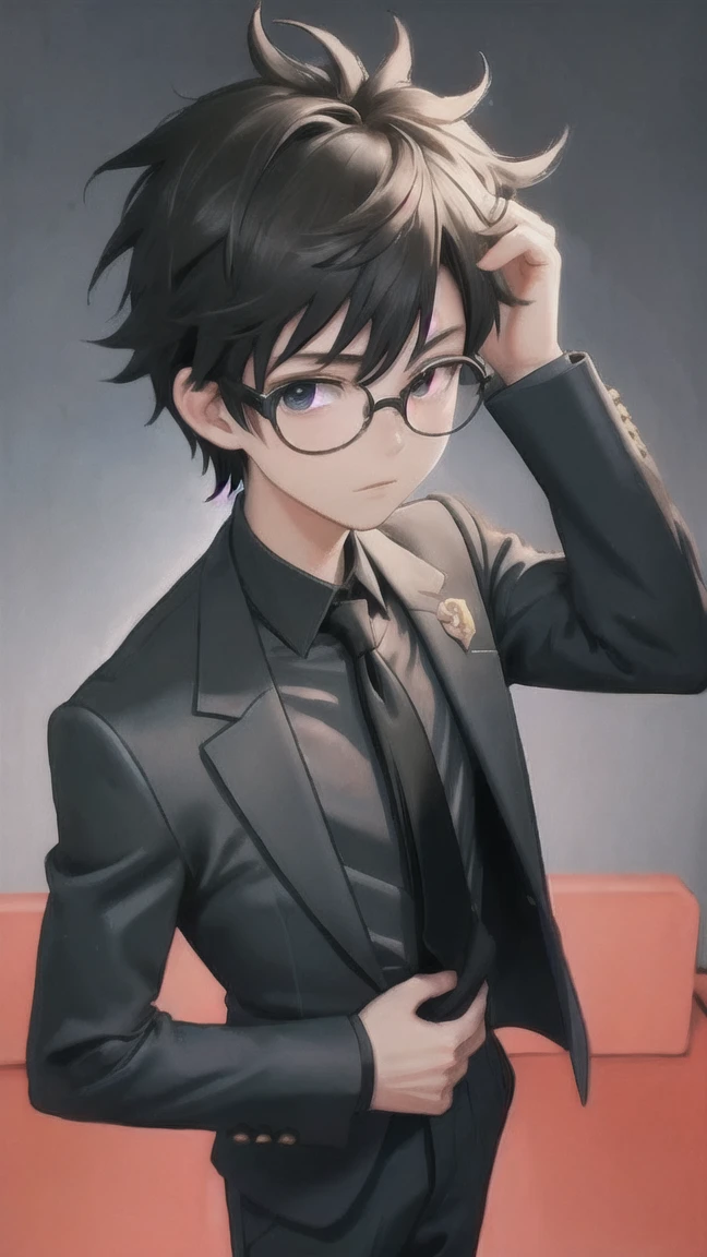 young man, black necktie, with round black glasses, Black Costume, anime styling, anime gentle boy, Social clothes. darkness background, DESK, serious countenance