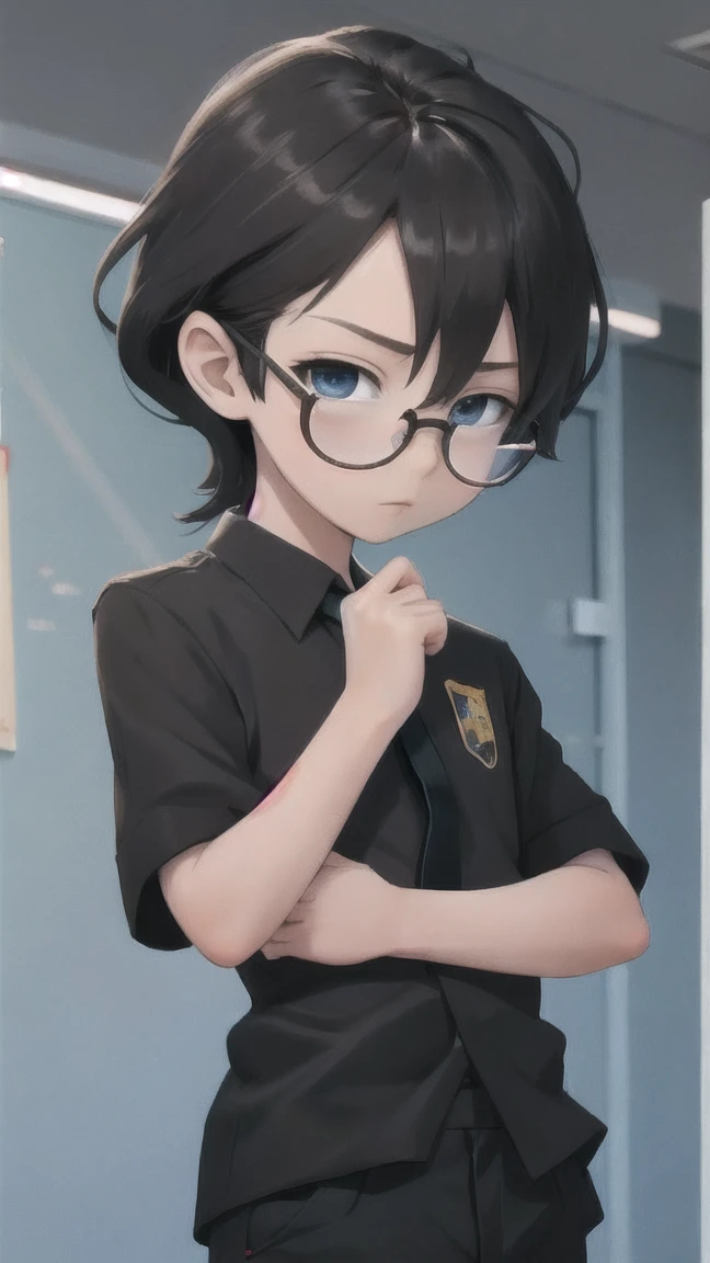 young man, black necktie, with round black glasses, Black Costume, anime styling, anime gentle boy, Social clothes. darkness background, DESK, serious countenance