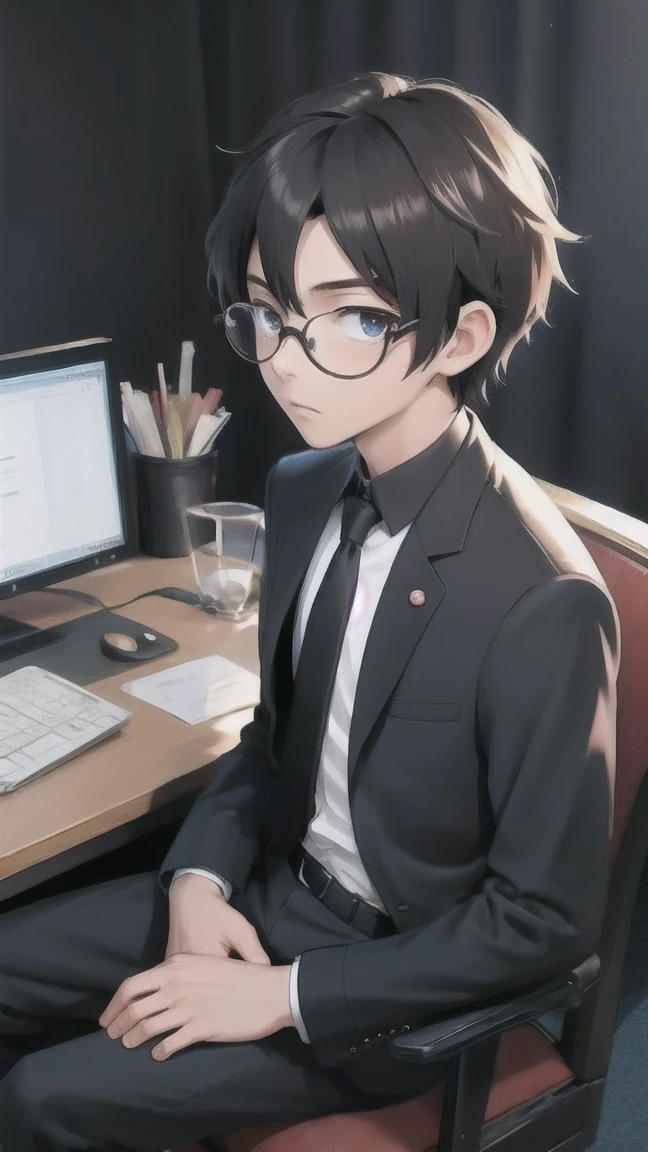 young man, black necktie, with round black glasses, Black Costume, anime styling, anime gentle boy, Social clothes. darkness background, DESK, serious countenance