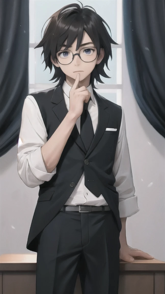 young man, black necktie, with round black glasses, Black Costume, anime styling, anime gentle boy, Social clothes. darkness background, DESK, serious countenance