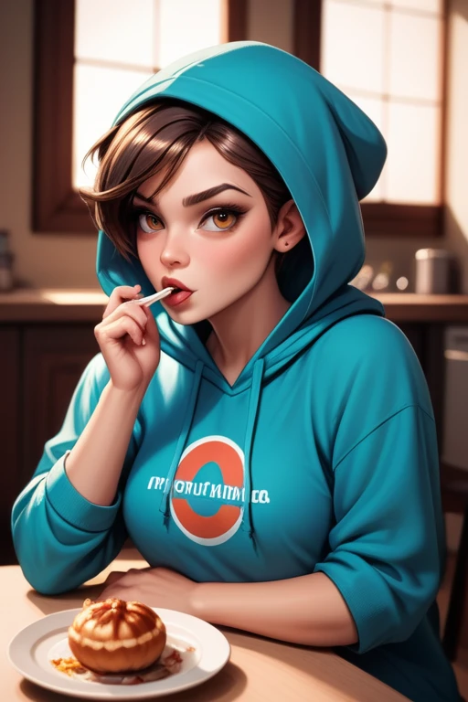 Caucasian (Russo-Italian) young female; athletic build; athlete; short dark brown hair tied in a small bun; hazel eyes; fair skin; wears a hoodie; sitting and having dinner; in a small apartment kitchenette drinking a protein shake; exuding a rebellious and tomboyish attitude; large breasts; Disney-style, CGI; best quality; high definition; trending on artstation; complex volumetric lighting; shadows; POV