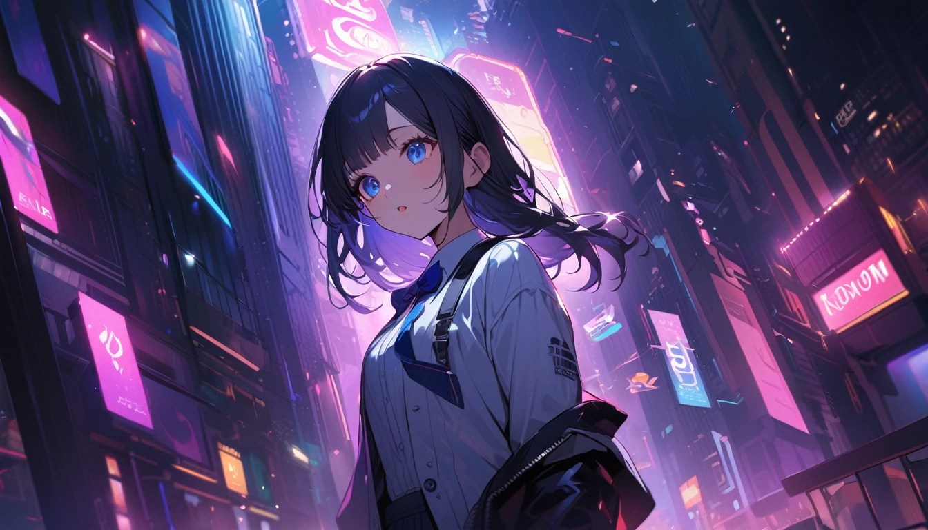 BREAK 1 girl, long hair, black hair, straight hair, short bangs above brows, blue eyes, expressionness, open mouth, (looking  away:1.2)
BREAK (masterpiece), (high resolution 8K), cinematic lighting, professional lighting, detailed eyes and face, detailed body, 
BREAK white shirt, blue bowtie, pleated skirt,  
BREAK very wide, panorama view, sense of depth, shot from front, 
BREAK cyberpunk city, biopunk girl, light rays, milky way, skyscraper, neon sign, luminescence, dark atmosphere,  bloom, city of night, 