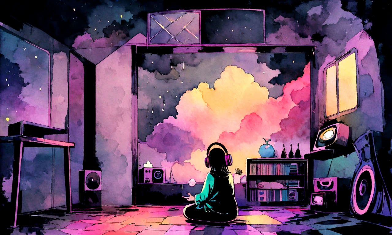 European hippie girl meditating in her room, dream, Wear headphones, night lighting, Neon scenery on a rainy day, Analog Color Theme, Lo-fi Hip Hop , review, flat, 2.5D ,Draw a line, Ink painting, Large slope, Watercolor, Goosh Colors, Studio Ghibli style, Great colorful, Outerton, Krautlock, Lofi Art, 70s style,Old Texture, amplitude,Psychedelic atmosphere, masterpiece, Great technology,