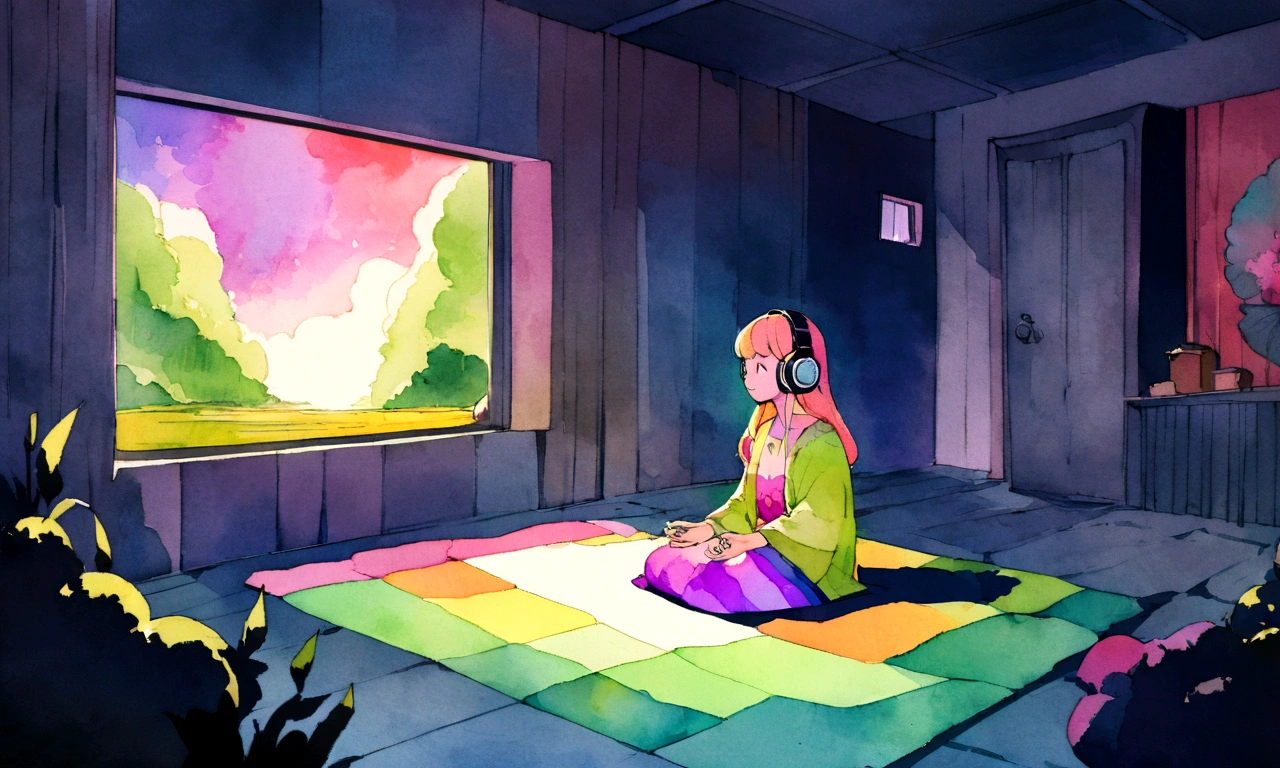 European hippie girl meditating in her room, dream, Wear headphones, night lighting, Neon scenery on a rainy day, Analog Color Theme, Lo-fi Hip Hop , review, flat, 2.5D ,Draw a line, Ink painting, Large slope, Watercolor, Goosh Colors, Studio Ghibli style, Great colorful, Outerton, Krautlock, Lofi Art, 70s style,Old Texture, amplitude,Psychedelic atmosphere, masterpiece, Great technology,