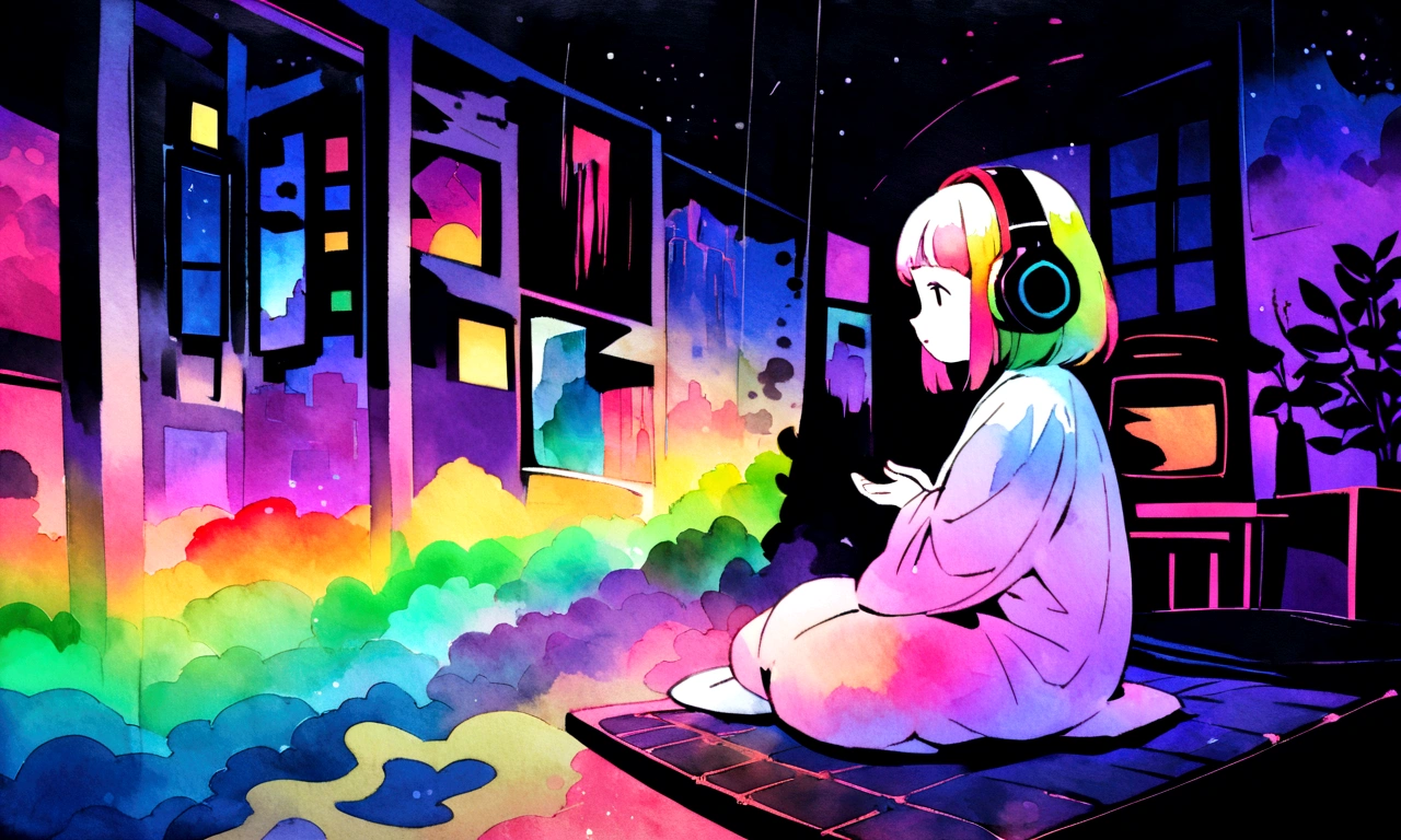 European hippie girl meditating in her room, dream, Wear headphones, night lighting, Neon scenery on a rainy day, Analog Color Theme, Lo-fi Hip Hop , review, flat, 2.5D ,Draw a line, Ink painting, Large slope, Watercolor, Goosh Colors, Studio Ghibli style, Great colorful, Outerton, Krautlock, Lofi Art, 70s style,Old Texture, amplitude,Psychedelic atmosphere, masterpiece, Great technology,