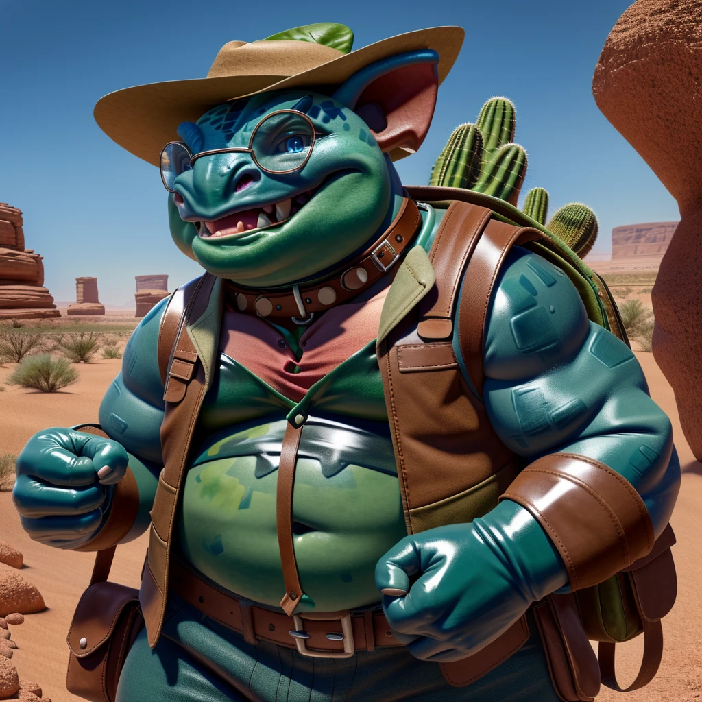 Male, fat, extremely obese, Venusaur, blue eyes, (posing:1.3), (soft shading), 4k, hi res, ((detailed face, detailed)), looking at viewer, evil grin, desert, cactus, shirt, hat, male focus, Explorer Outfit, glasses, pants, bag, vest, backpack, sleeves rolled up, round eyewear, brown headwear, brown vest, Venusaur is wearing a glossy leather dog collar around the neck, Venusaur is wearing the leather collar and shirt and vest at the same time, Venusaur is wearing glossy white rubber gloves on the hands, gloves are rubber in texture, clenching teeth, clenching fists, leather collar is glossy and shiny with a lot of detail.
