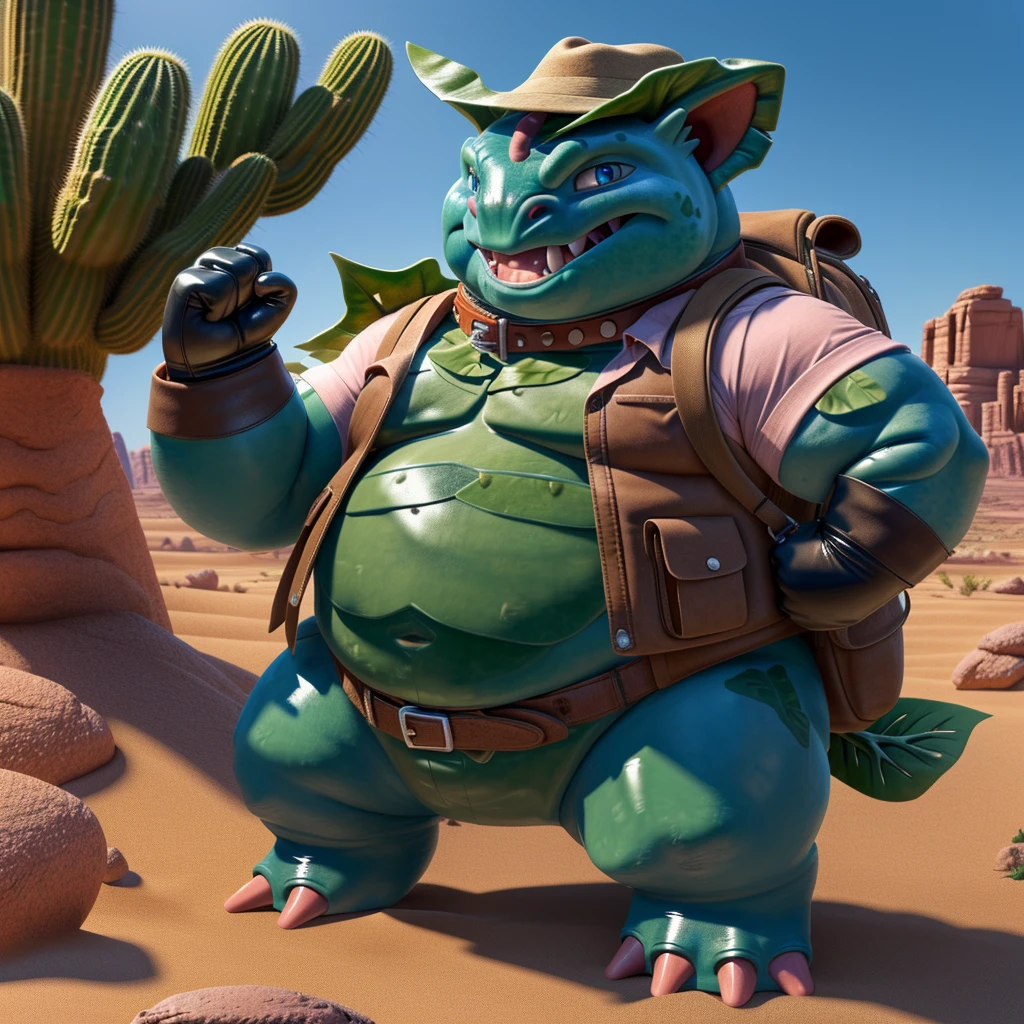 Epic Citizen Zootopia style, My Heroe Academia Character, Dungeons and Dragons style, A poor villager, Real life, Anime serie, Anime character, Obese muscle Obese Sumo wrestler Werebeast Kid, full body pic (obese, strong legs and arms) Sumo wrestler Werebeast Kid. Obese muscle fat kid (bulky, wide, broad shoulders), Citizen obese Werebeast kid, Male, fat, extremely obese, Venusaur, blue eyes, (posing:1.3), (soft shading), 4k, hi res, ((detailed face, detailed)), looking at viewer, evil grin, desert, cactus, shirt, hat, male focus, Explorer Outfit, glasses, pants, bag, vest, backpack, sleeves rolled up, round eyewear, brown headwear, brown vest, Venusaur is wearing a glossy leather dog collar around the neck, Venusaur is wearing the leather collar and shirt and vest at the same time, Venusaur is wearing glossy white rubber gloves on the hands, gloves are rubber in texture, clenching teeth, clenching fists, leather collar is glossy and shiny with a lot of detail.
