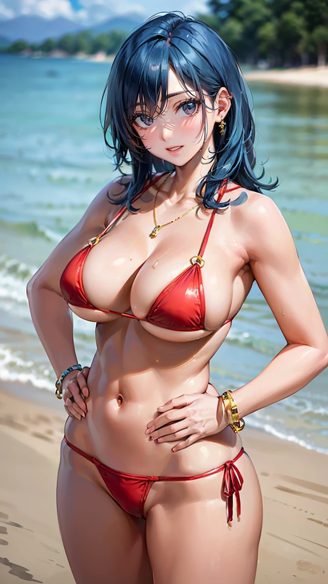 (Masterpiece, BestQuality:1.3), (ultra detailed:1.2), (hyperrealistic:1.3), (RAW photo:1.2), High detail RAW color photo, professional photograph, (Photorealistic:1.4), (realistic:1.4), professional lighting, perfect anatomy, (Big Breasts:1.2), (blush, detailed face), (cheerful Smile:1.5), (Blue Hair:1.5), Trending Hair&Trending Hairカラーをランダムに, earrings, necklace, bracelet, sexly, erotic sexly, Random sexy gravure poses, ((Beautiful woman in a red bikini、At the Shore、Sexy smile、Bundle your hair、Stand with hands on hips、She loosened her bikini strings a little.。: 1.3)