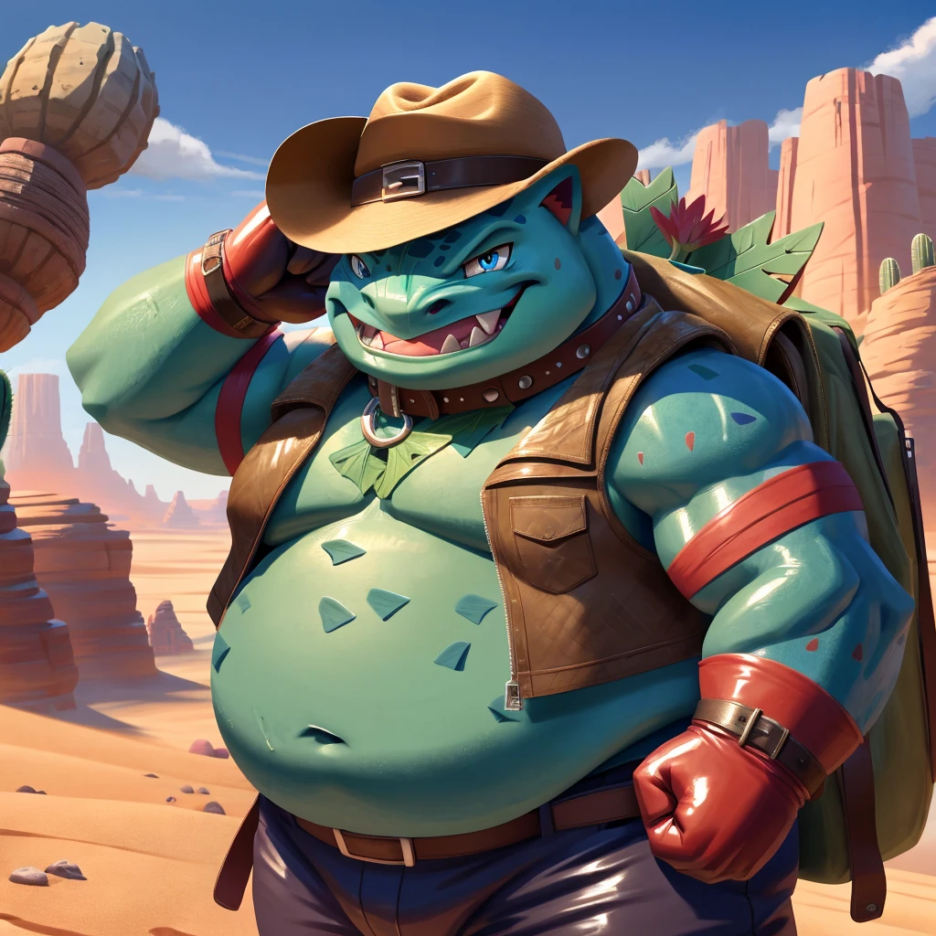 Male, fat, extremely obese, Venusaur, blue eyes, (posing:1.3), (soft shading), 4k, hi res, ((detailed face, detailed)), looking at viewer, evil grin, desert, cactus, shirt, hat, male focus, Explorer Outfit, glasses, pants, bag, vest, backpack, sleeves rolled up, round eyewear, brown headwear, brown vest, Venusaur is wearing a glossy leather dog collar around the neck, Venusaur is wearing the leather collar and shirt and vest at the same time, Venusaur is wearing glossy white rubber gloves on the hands, gloves are rubber in texture, clenching teeth, clenching fists, leather collar is glossy and shiny with a lot of detail.