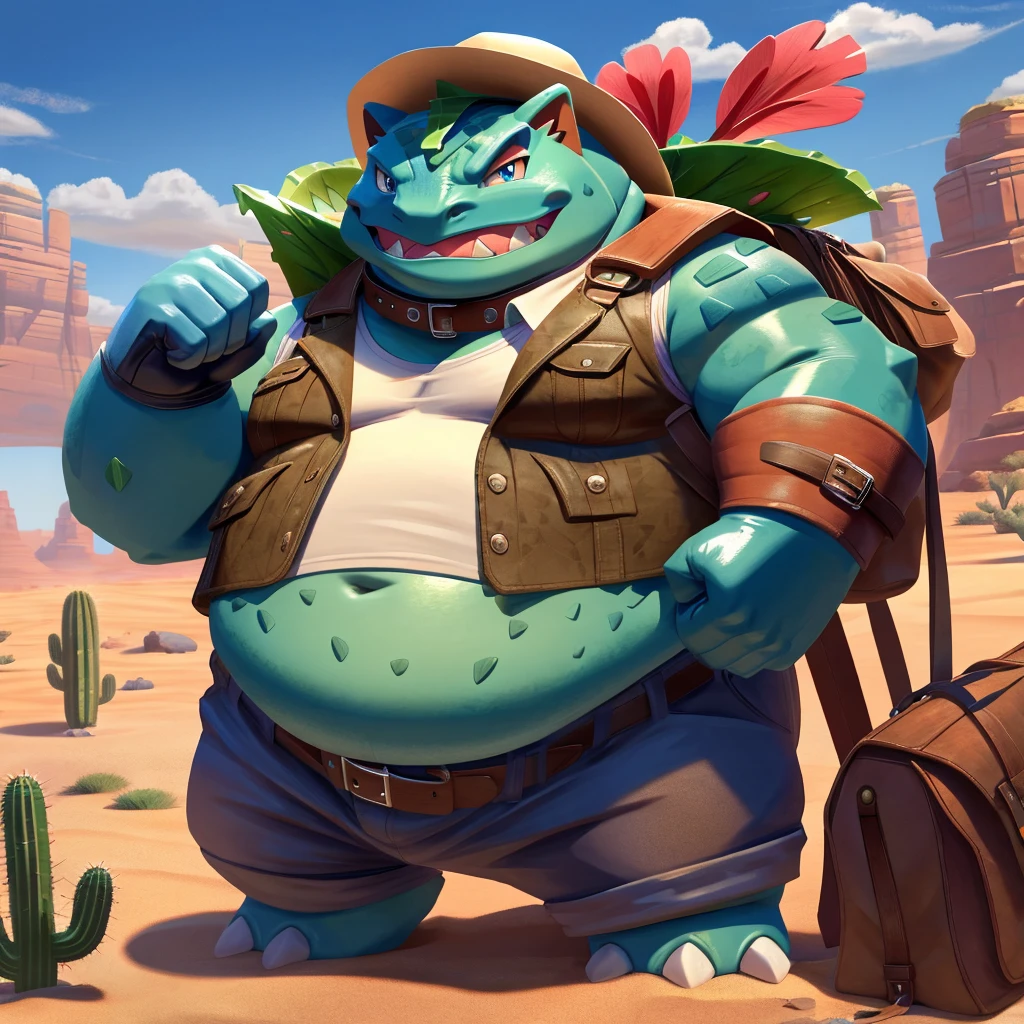 Male, fat, extremely obese, Venusaur, blue eyes, (posing:1.3), (soft shading), 4k, hi res, ((detailed face, detailed)), looking at viewer, evil grin, desert, cactus, shirt, hat, male focus, Explorer Outfit, glasses, pants, bag, vest, backpack, sleeves rolled up, round eyewear, brown headwear, brown vest, Venusaur is wearing a glossy leather dog collar around the neck, Venusaur is wearing the leather collar and shirt and vest at the same time, Venusaur is wearing glossy white rubber gloves on the hands, gloves are rubber in texture, clenching teeth, clenching fists, leather collar is glossy and shiny with a lot of detail.