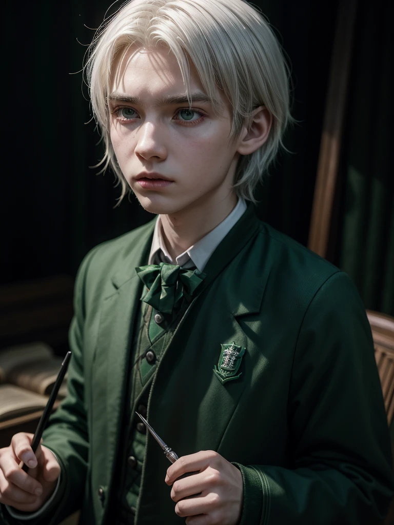 boy, Slytherin uniform, Small magic wand, White hair, determinate expression, Forbidden Forest, somber atmosphere, 4K, conceptual artwork, sharp focus, dramatic lighting, Studio quality.