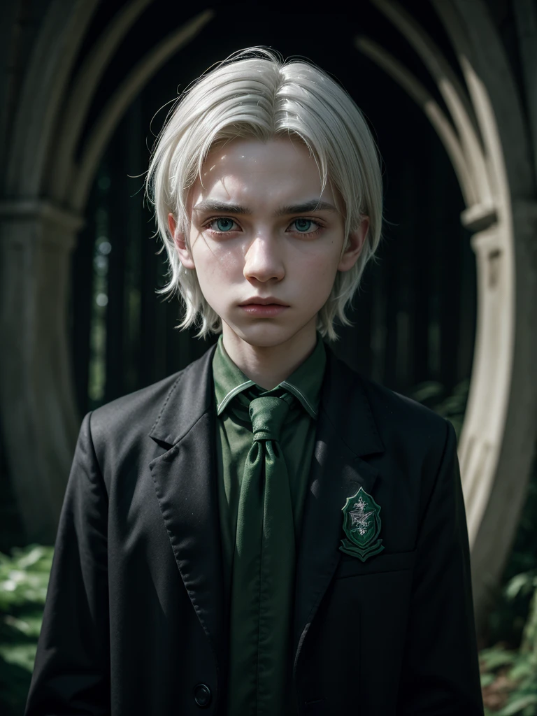 boy, Slytherin uniform, Small magic wand, White hair, determinate expression, Forbidden Forest, somber atmosphere, 4K, conceptual artwork, sharp focus, dramatic lighting, Studio quality.
