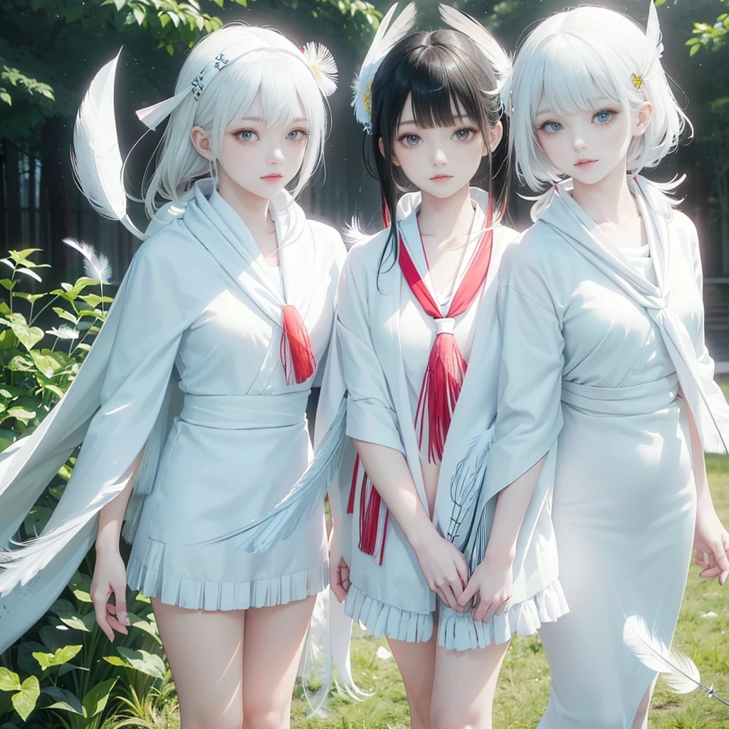 best quality, masterpiece,
Three Japanese high-school short girls with cute style,
looking straight ahead and striking a gutsy pose are standing (separately:1.4), side by side,
(High-school-girls with a white short scarf, a white feather shawl around her neck:1.5),
wearing a striking(yellow, red, blue, green) Japanese-kimono with a flower motif,