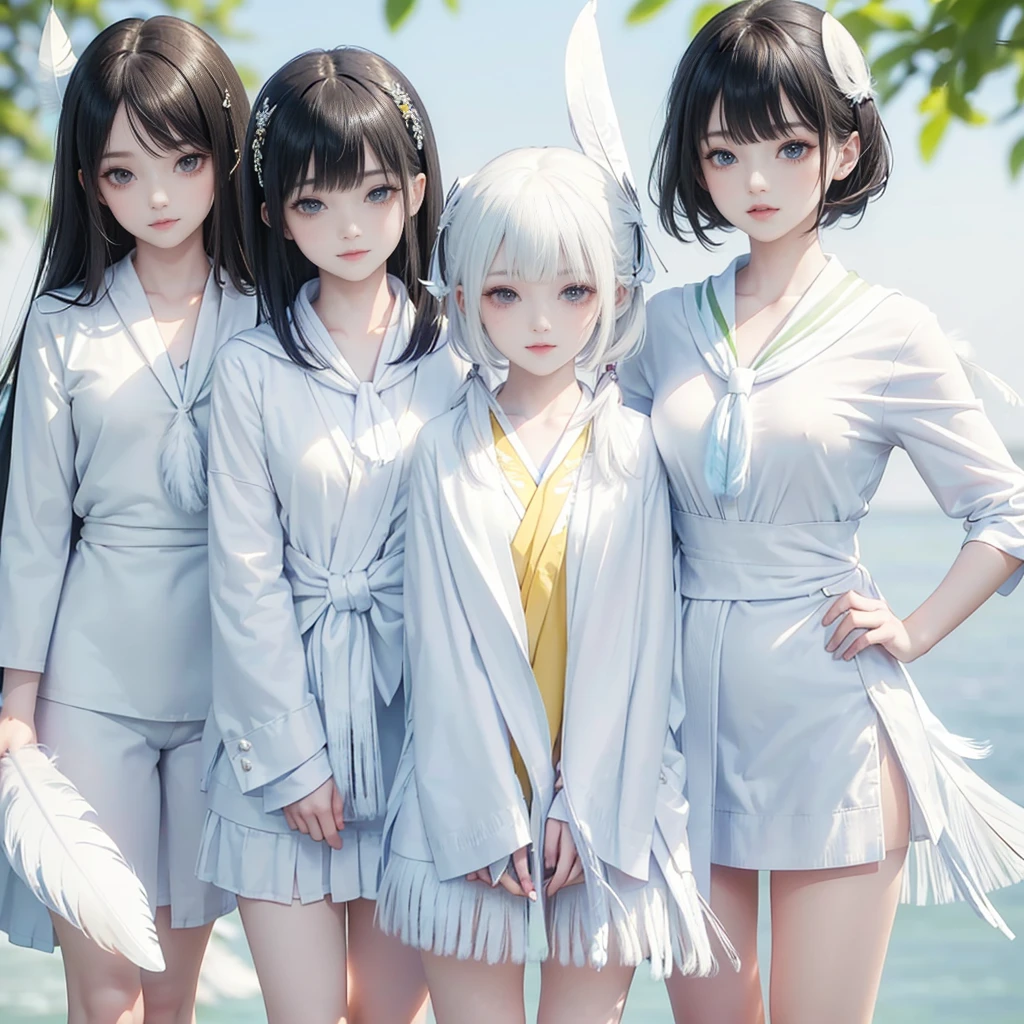 best quality, masterpiece,
Three Japanese high-school short girls with cute style,
looking straight ahead and striking a gutsy pose are standing (separately:1.4), side by side,
(High-school-girls with a white short scarf, a white feather shawl around her neck:1.5),
wearing a striking(yellow, red, blue, green) Japanese-kimono with a flower motif,