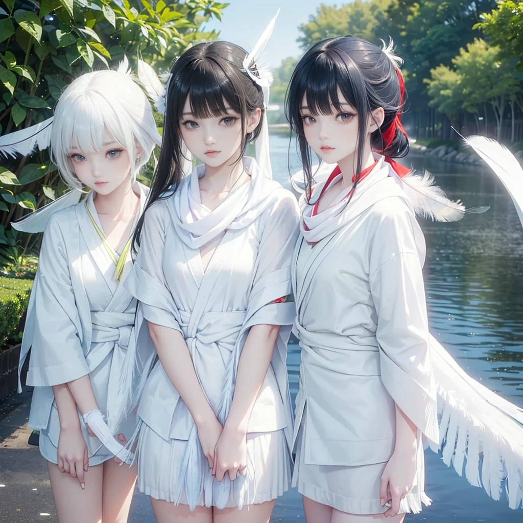 best quality, masterpiece, 

Three Japanese high-school short girls with cute style, 

looking straight ahead and striking a gutsy pose are standing (separately:1.4), side by side, 

(High-school-girls with a white short scarf, a white feather shawl around her neck:1.5),

wearing a striking(yellow, red, blue, green) Japanese-kimono with a flower motif, 