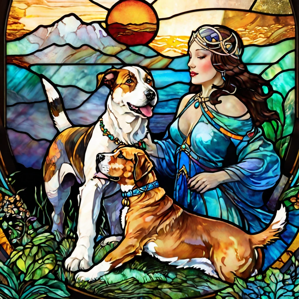 a close up of a stained glass window with a dog and a woman, an art deco painting by Meredith Dillman, cg society contest winner, art nouveau, masterpiece stained glass, stained glass art, stained glass tarot style, on a stained glass window, stained glass style, full color digital illustration, maxim verehin stained glass, triumphant, stained”, stained glass