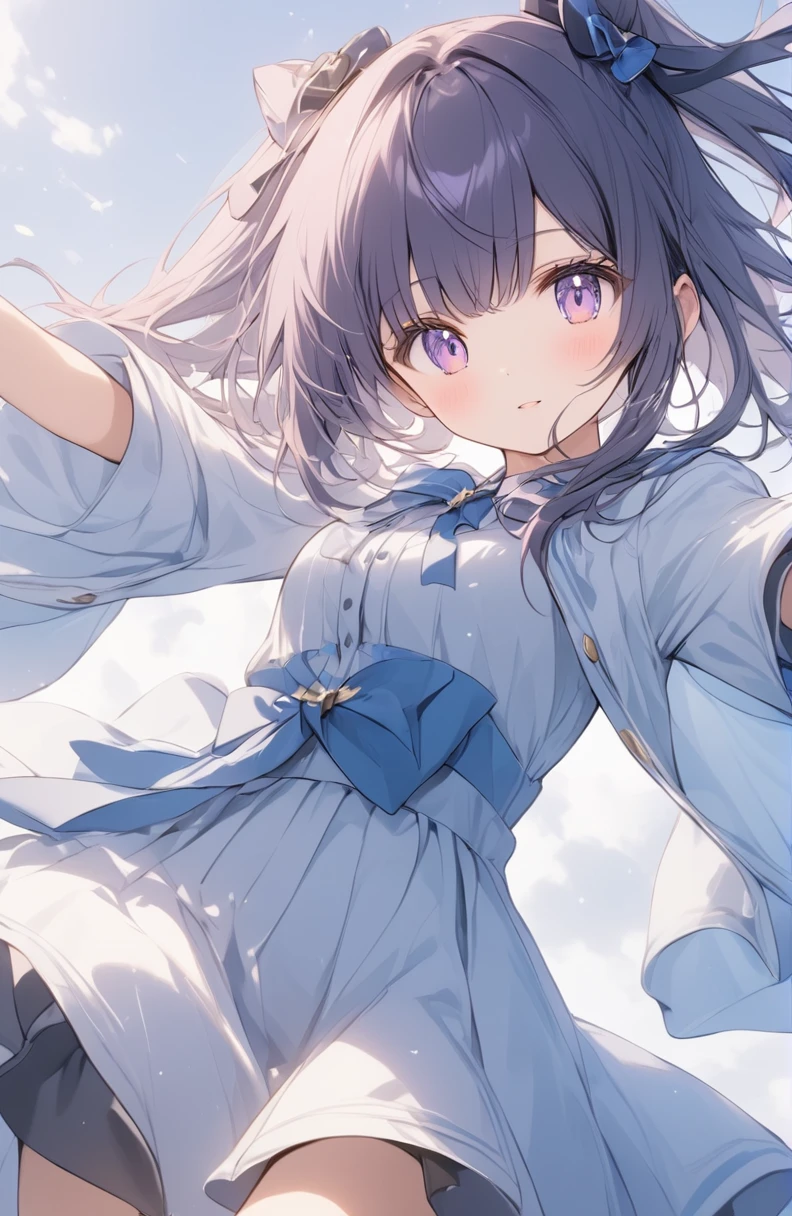 Very detailed、Very absurd、超High resolution, Attention to detail, high quality, High resolution, 最high quality, 4K, 8K,deep violet hair color,hair bun,blunt bangs,jamping