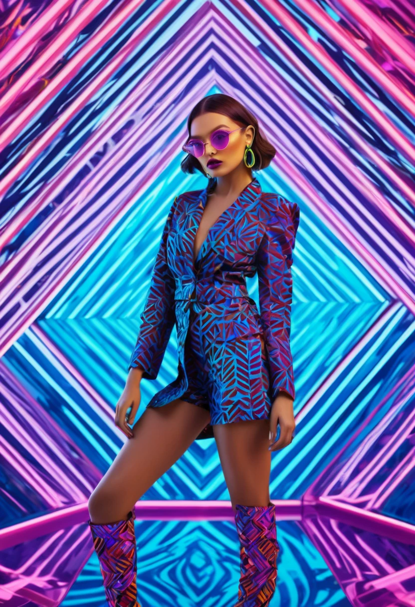 A stunning cinematic portrait showcasing a woman in a vibrant, colorful parallel world. Her fashionable outfit is a blend of modern and retro styles, with a mix of bold patterns, neon colors, and metallic accents. The optical illusion effect creates a sense of depth and dimension, with the background featuring a kaleidoscope of geometric shapes and patterns. The overall atmosphere of the image is lively and energetic, transporting the viewer into a dazzling and surreal realm of fashion and art., fashion, portrait photography, vibrant, cinematic