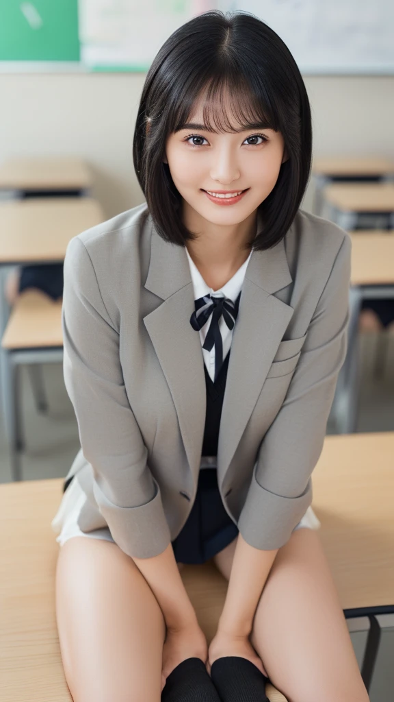 ((8K, RAW Photos, Highest quality, masterpiece), High-resolution RAW color photos、Professional close-up photography, (Realistic, Photorealism: 1.37), (Highest quality), (Best Shadow), (Best illustrations), clavicle ((big)), ((erotic, sexy, Ultra-high resolution, High quality CG integrated 8K wallpaper, Physically Based Rendering, Cinema Lighting), (aegyo sal:1), 18-year-old girl, (Grey blazer, ribbon, socks, High School Uniform,panty: 1.2), High school classroom, Beautiful details in the eyes, Light on the face, (Full Body Shot), Particularly strong light, (Upward glance, Grinning smile:1.2),Shiny skin, (((Black Hair, Bob Hair:1.2))), shy, (flash:1.2), Browsing Caution , (Puffy pussy), ((Seductive posture: 1.2, Charm: 1.2)), (Idol), (Sitting with legs spread on a desk in the classroom: 1.2)), ((Excellent anatomy: 1.2)), ((Bright and refreshing classrooms, The background is blurred: 1.2)), Perfect Face, Cute face, (High angle shot:1.2)