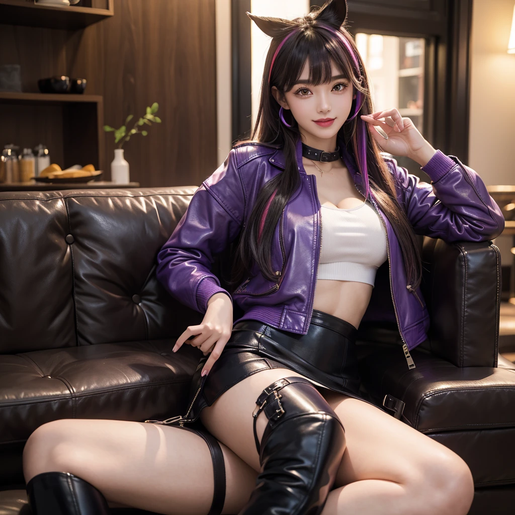 bangs down,beautiful girl,Purple Leather Jacket,future fashion,Absurd,Maid clotheasterpiece,perfect face,perfect breasts,long hair,Outstanding style,stimulating,Cute outfits,Horny girl,double eyelid,Naughty Girls,Erotic and cute,mini skirt,ribbon on uniform,colorful hair color,yellow eyes,leather jacket,horny girl,Knee-high boots, Colorful,multicoloured,future fashion,smile,,zipper bra,Multicolored clothing