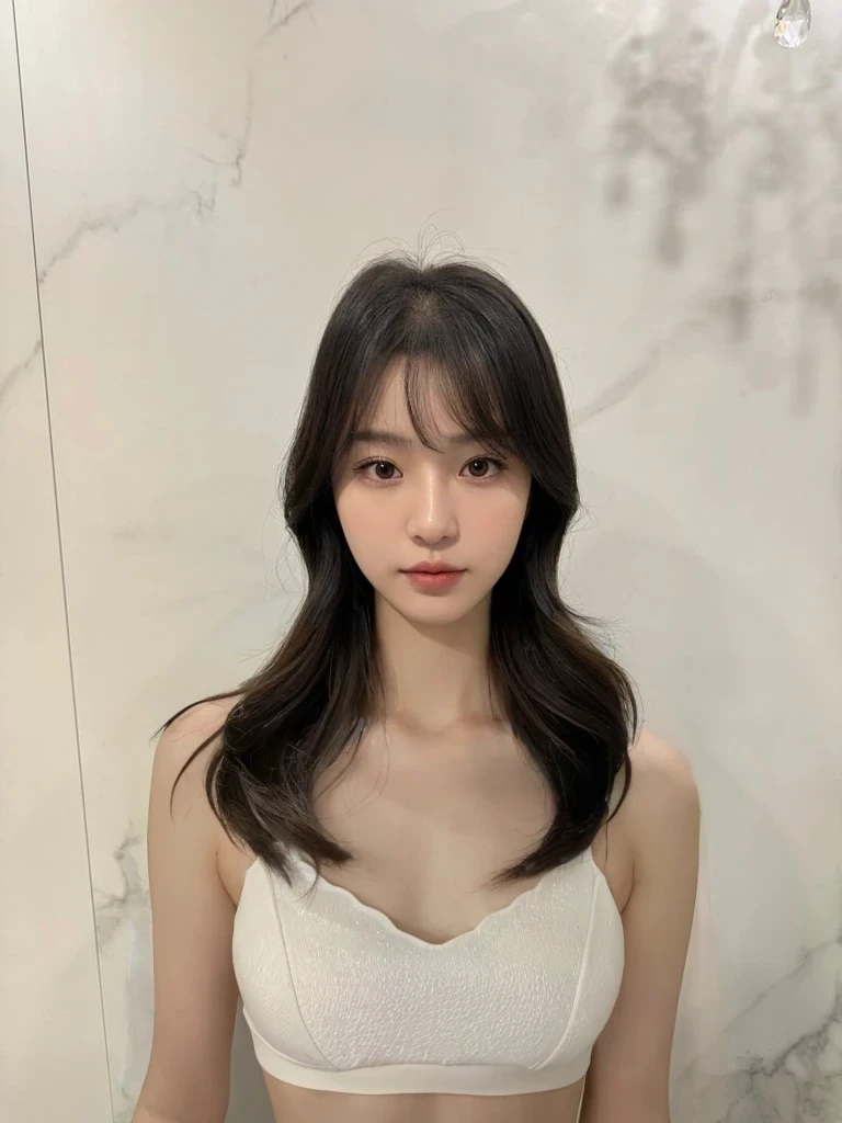 Best Quality, 8k, Masterpiece, (Portrait: 1.3), (photo realistic:1.4), (hyper realistic:1.4), Sharp Focus, looking at viewer, (smoother lighting:1.1), (increase cinematic lighting quality:0.9), realistic lighting, backlighting, light on face, ray trace, (brightening light:1.2), (Increase quality:1.4), sharp detail, (best quality real texture skin:1.4), finely detailed eyes, black_eyes, finely detailed face, 25 year old Korean woman, (white tube_top:1.4), (Create an image maintaining the original base model hairstyle:1.5)