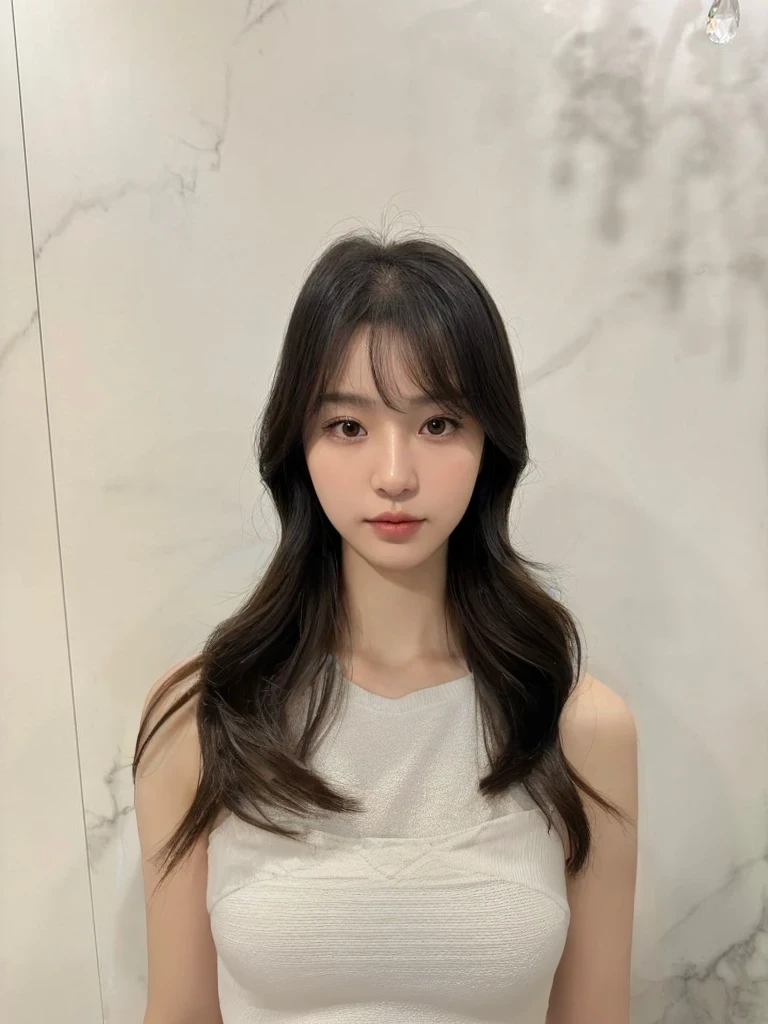 Best Quality, 8k, Masterpiece, (Portrait: 1.3), (photo realistic:1.4), (hyper realistic:1.4), Sharp Focus, looking at viewer, (smoother lighting:1.1), (increase cinematic lighting quality:0.9), realistic lighting, backlighting, light on face, ray trace, (brightening light:1.2), (Increase quality:1.4), sharp detail, (best quality real texture skin:1.4), finely detailed eyes, black_eyes, finely detailed face, 25 year old Korean woman, (white tube_top:1.4), (Create an image maintaining the original base model hairstyle:1.5)