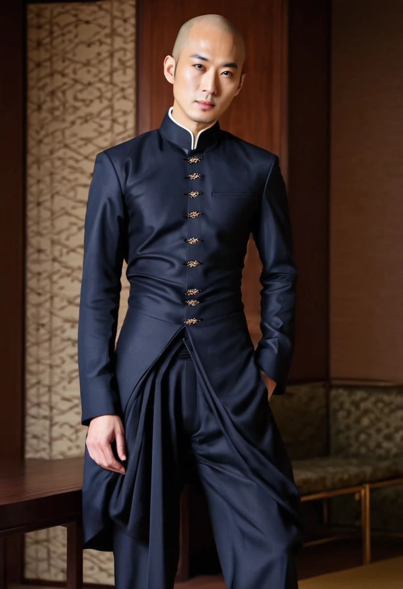 half body picture of a bald japanese model man, small long head, wearing an elegant western dress, pants, in elegant room
