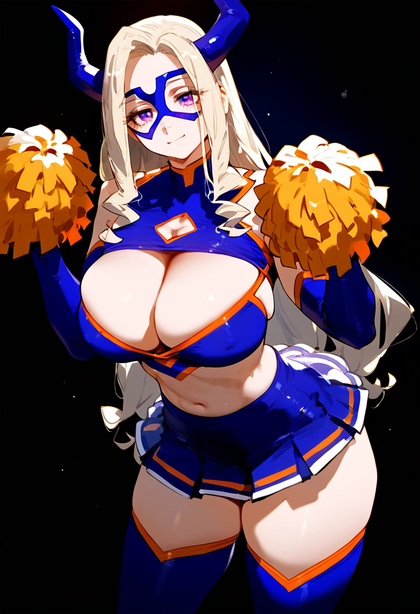 anime artwork, score_9, score_8_up, score_7_up, score_6_up, score_5_up, score_4_up, Mount Lady, blonde hair, purple eyes, big breasts, she is 24 years old, style_3, ,,, , , ,black background , _, standing, cheerleader