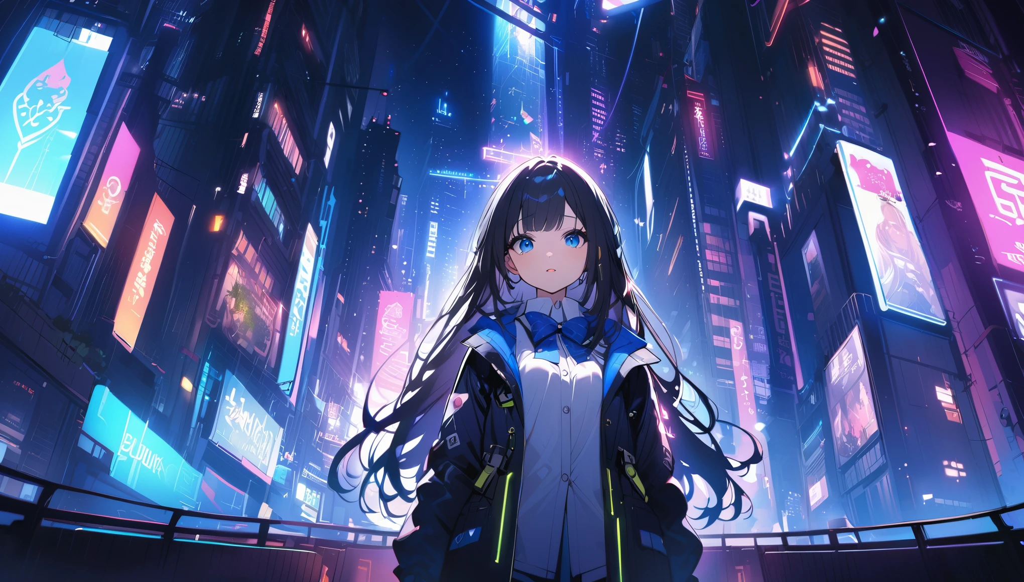 BREAK 1 girl, long hair, black hair, straight hair, short bangs above brows, blue eyes, expressionness, open mouth, (looking  away:1.2)
BREAK (masterpiece), (high resolution 8K), cinematic lighting, professional lighting, detailed eyes and face, detailed body, 
BREAK white shirt, blue bowtie, pleated skirt,  
BREAK very wide, panorama view, sense of depth, shot from front, 
BREAK cyberpunk city, biopunk girl, light rays, milky way, skyscraper, neon sign, luminescence, dark atmosphere,  bloom, city of night, 