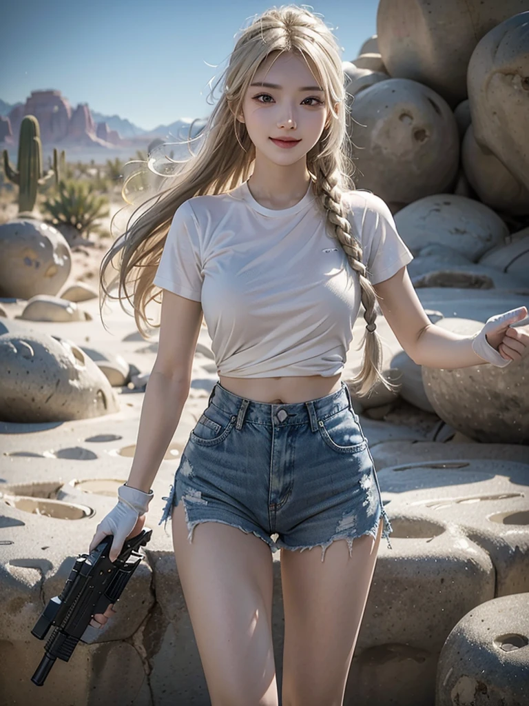 (8K,original photo,Top quality,masterpiece:1.2),(realism,摄影realism:1.37),Ultra Detailed,Ultra-high resolution,Wearing white short-sleeved shirt with exposed belly,Blue denim super shorts,Beautiful ass,Hourglass figure,Wearing black tactical gloves,sports shoes,blond,blond hair,Close-up of girl with two braids kneeling on snow,Snowfield background,winter,heavy snow,Full body close-up,Facing the audience,Smile,There are many people around,Crowds in the distance,Exploded buildings,Huge explosion,燃烧的fire焰,White skin,Smooth skin,Extremely beautiful face,dynamic,angle,dynamic照明,(Possession of weapons,持有步gun,Purpose,Purpose:1.2),gun,H&k hk416,马gun,fire