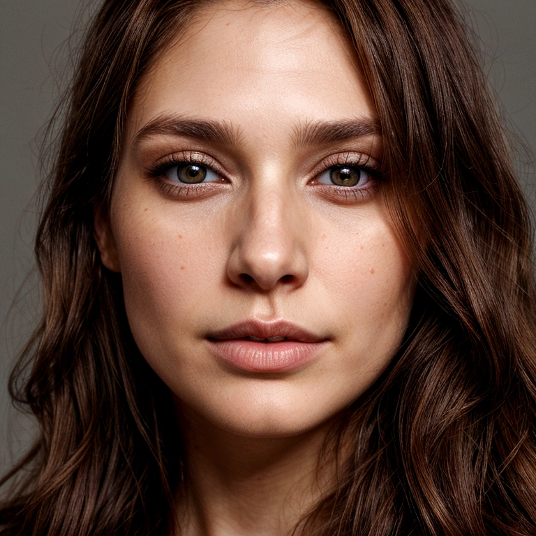 At 28 years old, a naturally beautiful woman with brown hair, hazel eyes, prominent cheekbones, a small nose, and an attractive gaze.
