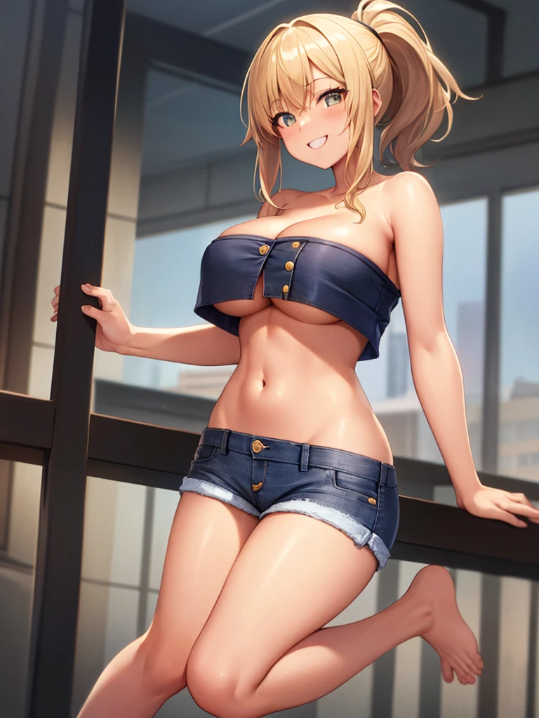 girl,(masterpiece,Highest quality),Street,(Brown Skin),(Completely naked),Bare shoulders、Gal、Blonde、smile、passionate,ponytail、(Underboob),Big Breasts,Cleavage,Tube top、looking at the camera、shoeicro Mini Denim Shorts(Open button),solo、Are standing、barefoot