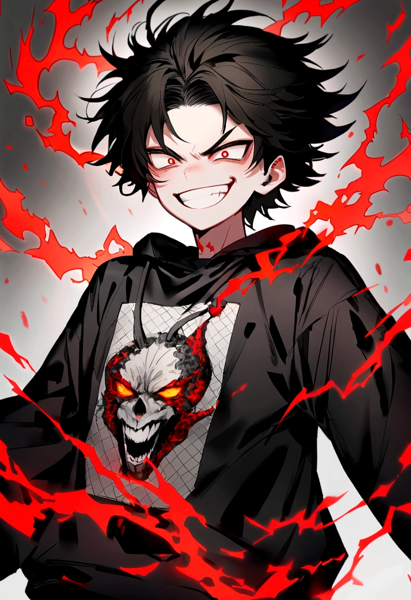 Man Long black hair black and white sweatshirt with red electricity on his body with a manic smile
