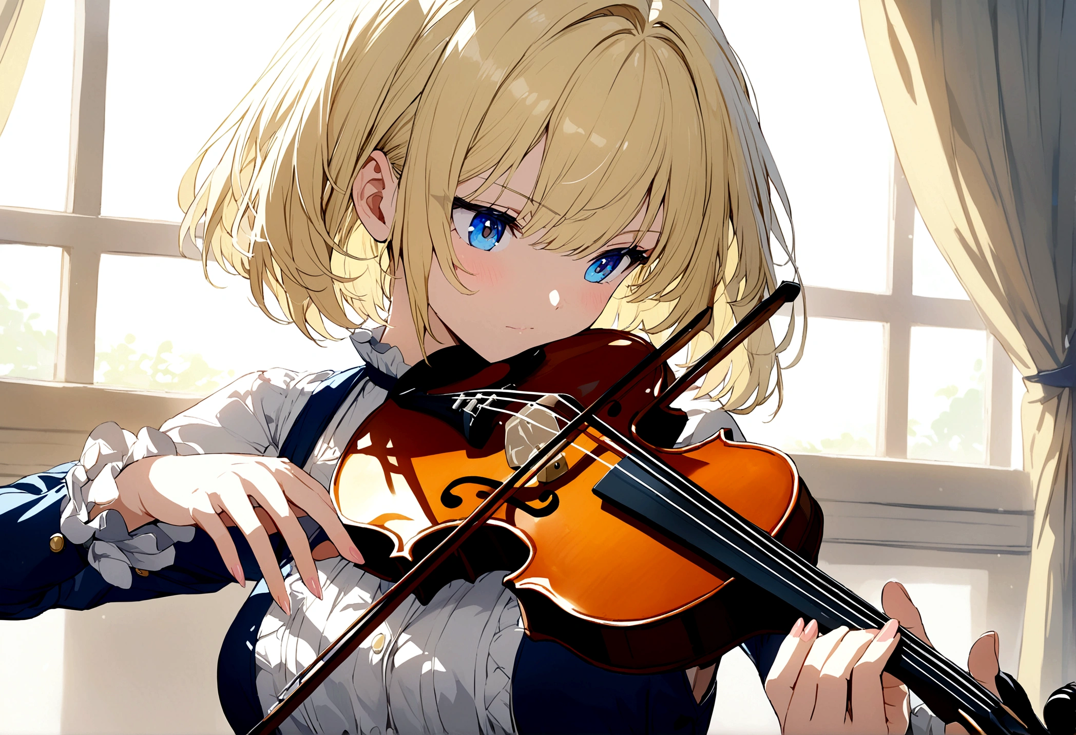 Anime girl with short blonde hair and blue eyes playing the violin 