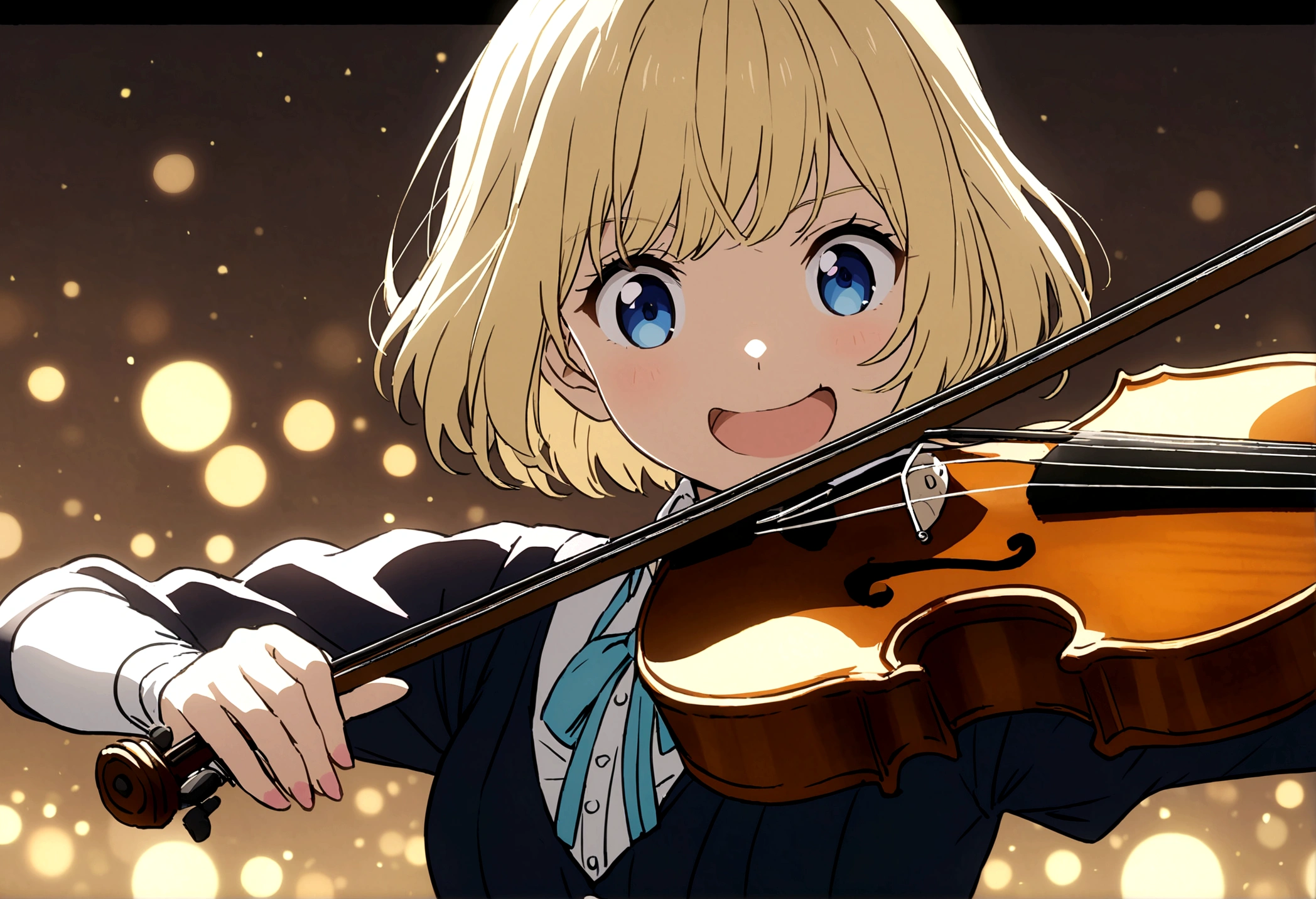 Anime girl with short blonde hair and blue eyes playing the violin