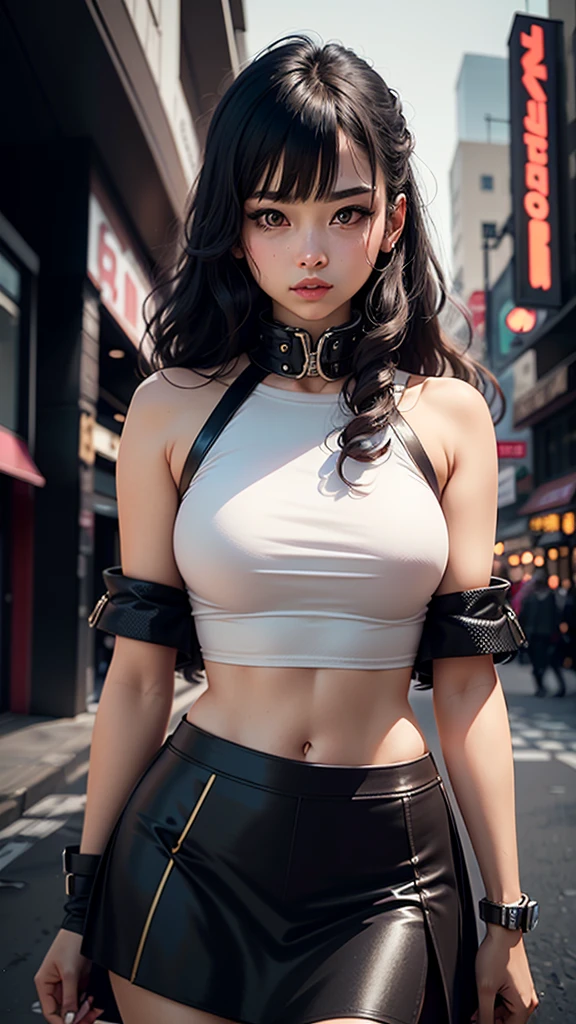 1girl, solo, long curly hair, looking left, bangs, simple background, black hair, red eyes, upper body, blunt bangs, red background, science fiction, high collar, cyberpunk, girl in skirt, full violet background