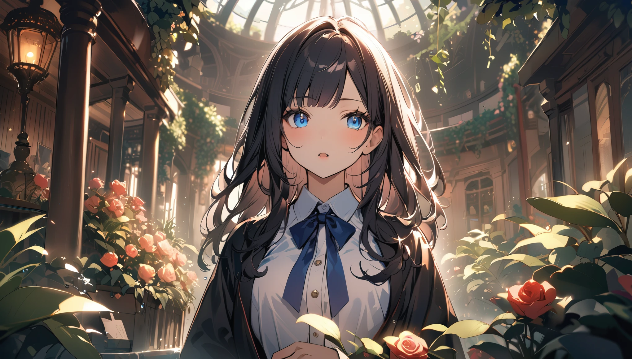 BREAK 1 girl, long hair, black hair, straight hair, short bangs above brows, blue eyes, expressionness, open mouth, (looking away:1.2)
BREAK (masterpiece), (high resolution 8K), cinematic lighting, professional lighting, detailed eyes and face, detailed body,
BREAK white shirt, blue bowtie, pleated skirt,
BREAK very wide, panorama view, sense of depth, shot from front,
BREAK Foliage plant, fountain, water, luster, Flower, rose Garden, indoor, alcove, arbor, room, Garden room, open window, lamp, rose, visual Impact, splash Flower, crystal clear water, botanical garden, small waterfall,