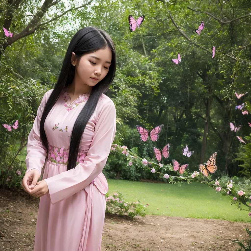A girl with long black hair is playing with butterflies in a garden, wearing pink color long sleeve Myanmar traditional dress, realistic, trees, flowers, birds, natural scenery, senic views,